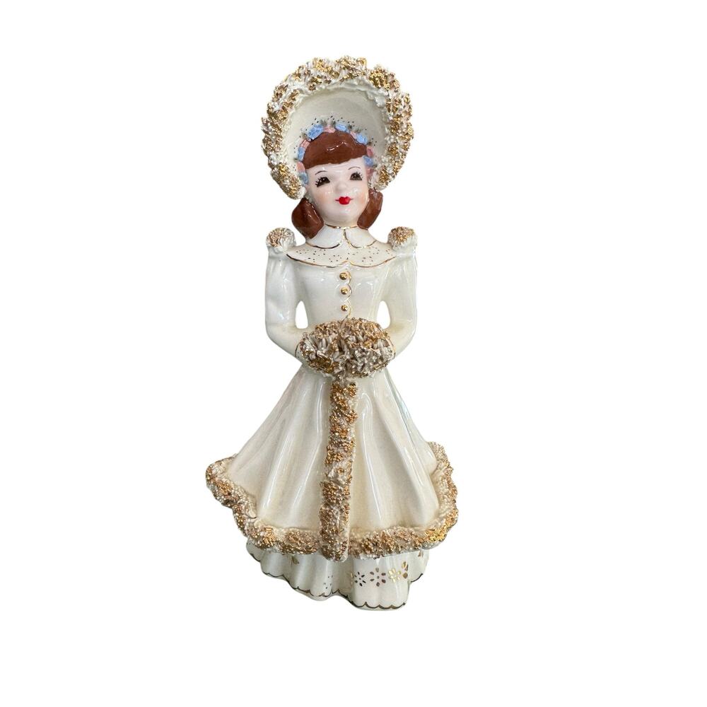 Vintage Florence Ceramics Betsy Figurine White with Gold Accents & Dark Hair EPC